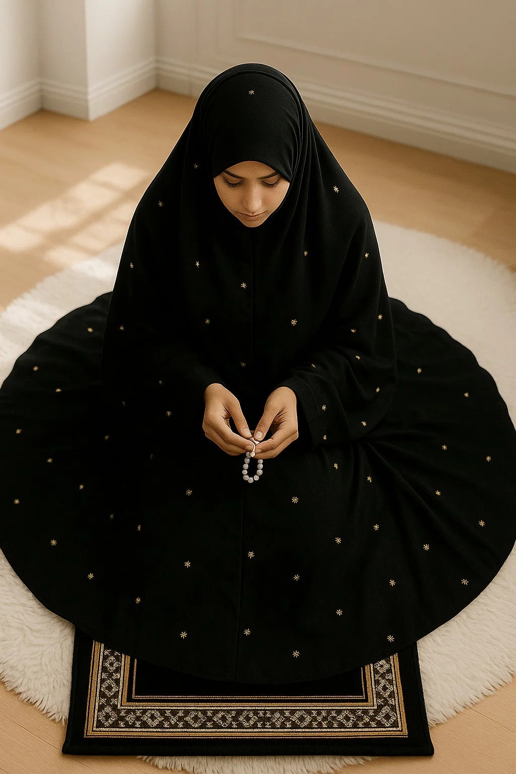 Embroidered namaz chaddar with sleeves (Black)